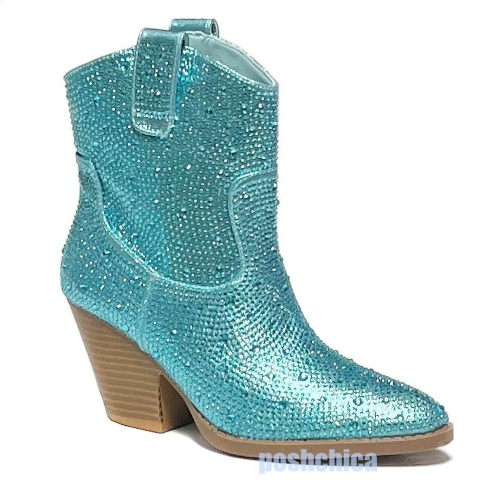 New Light Blue Rhinestone Blingy Western Cowboy Ankle Boots Booties - Picture 4 of 7